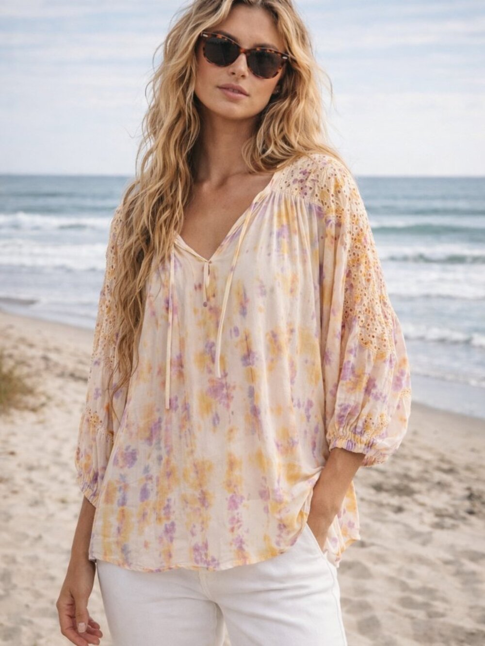 Boho Tie Dye Peasant Top Flowy Eyelet Poet Blouse M Young Fabulous & Broke
